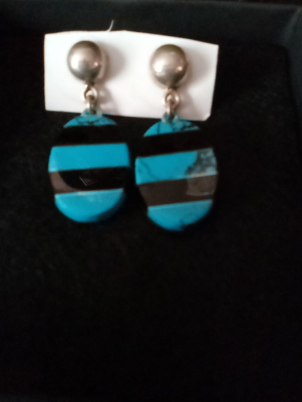 Turquoise and Black Onyx Striped Drop Earrings Sterling Silver